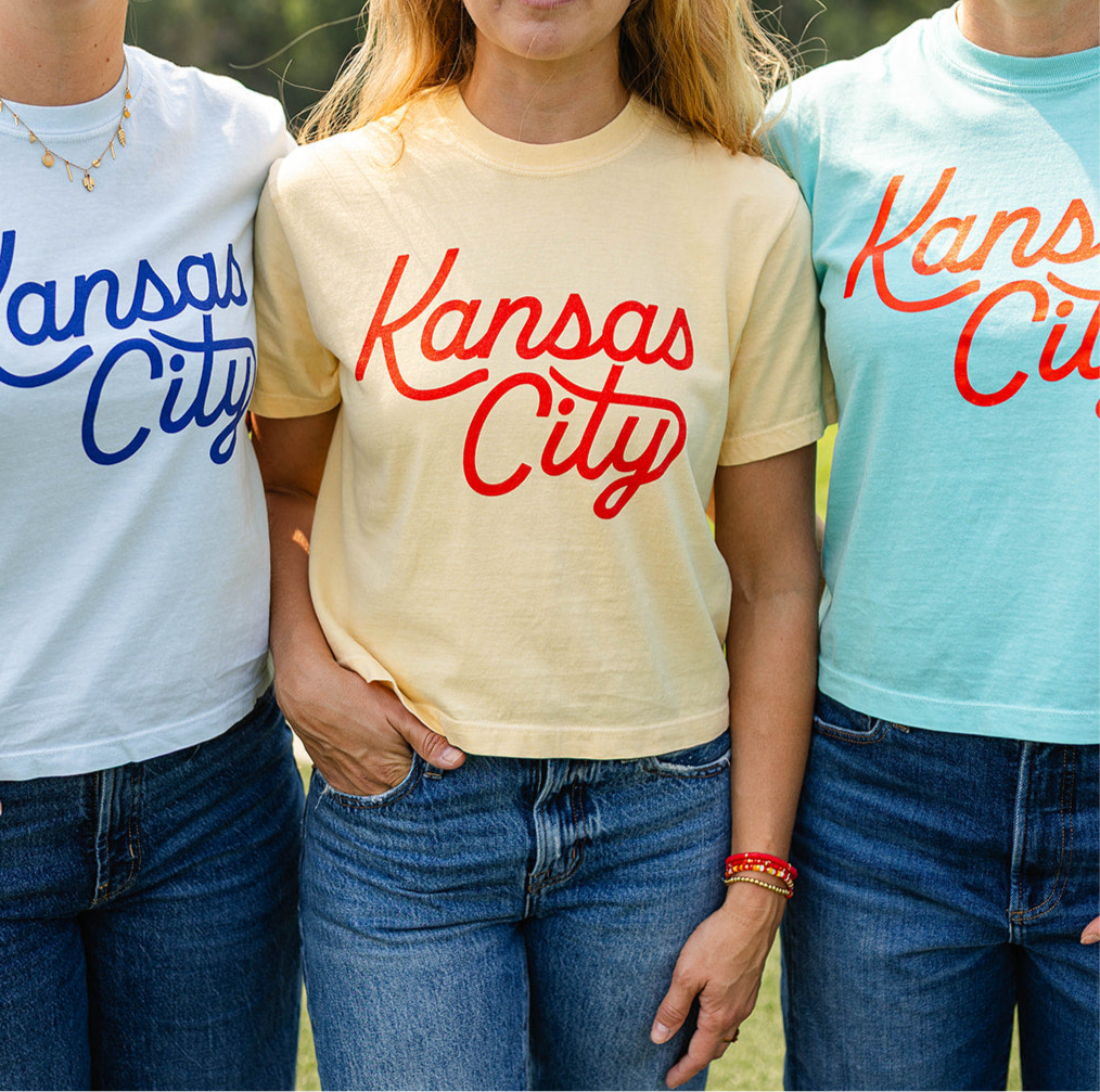 Kansas City Script Cropped T-Shirt - Teal & Red