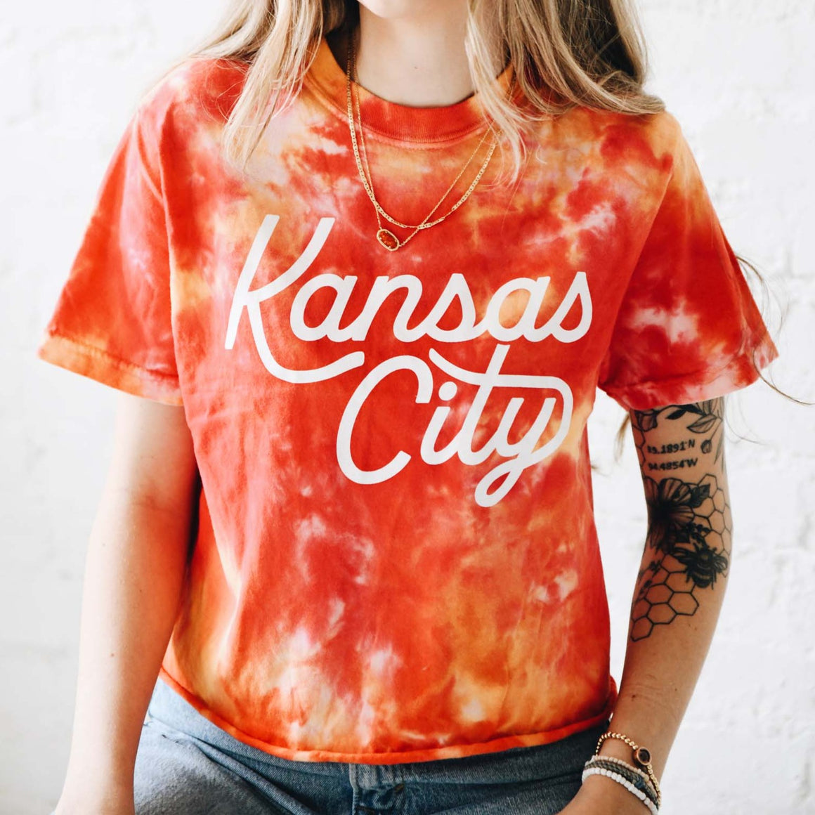 Kansas City Script Cropped T-Shirt - Red and Yellow Tie Dye