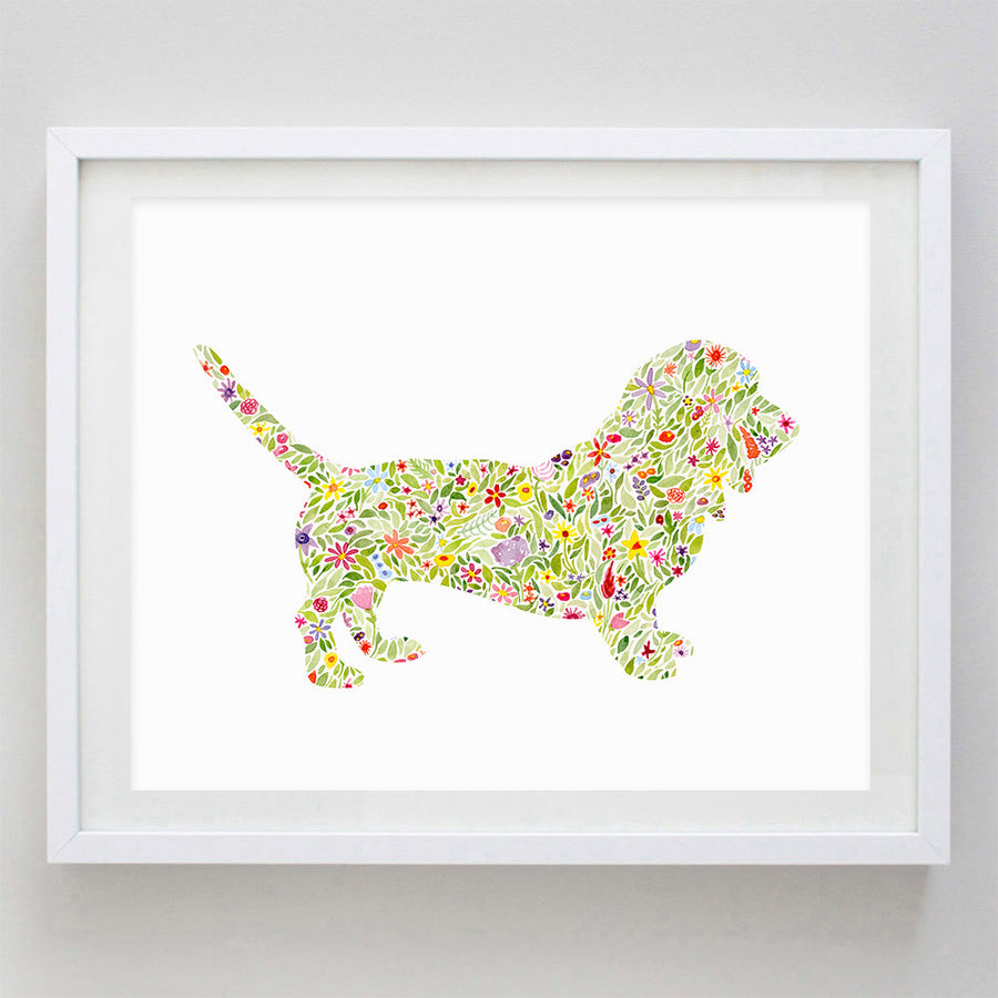 art print - basset hound floral watercolor print - carly rae studio