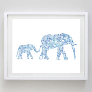 art print - mama and baby elephant in blue watercolor print - carly rae studio