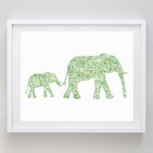 Mama and Baby Elephant in Green Watercolor Print