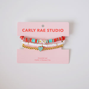 Teal + Red Beaded Stretch Bracelet Stack