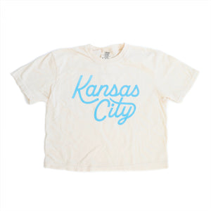 Kansas City Script Cropped T-Shirt - Ivory & Powder Blue