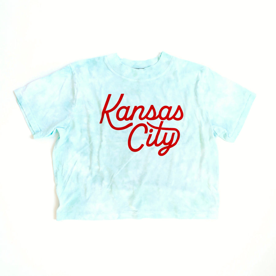 Kansas City Script Cropped T-Shirt - Teal & Red Tie Dye