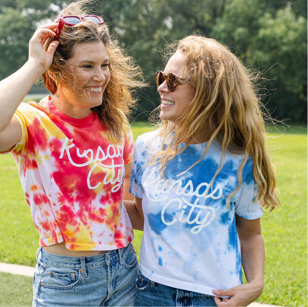 Kansas City Script Cropped T-Shirt - Red and Yellow Tie Dye
