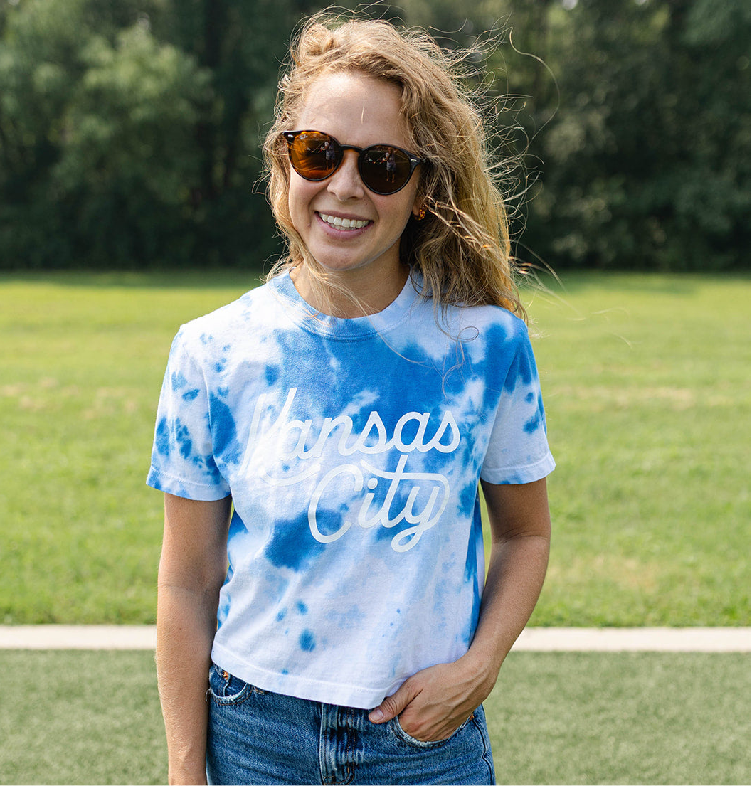 Kansas City Script Cropped T-Shirt - Blue Tie Dye