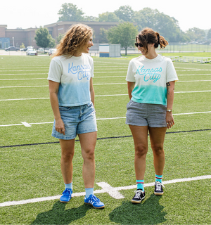 Kansas City Script Cropped T-Shirt - Ivory & Teal Dip Dye