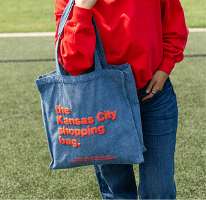 The Kansas City Shopping Bag 3 Sided Tote - Denim with Red