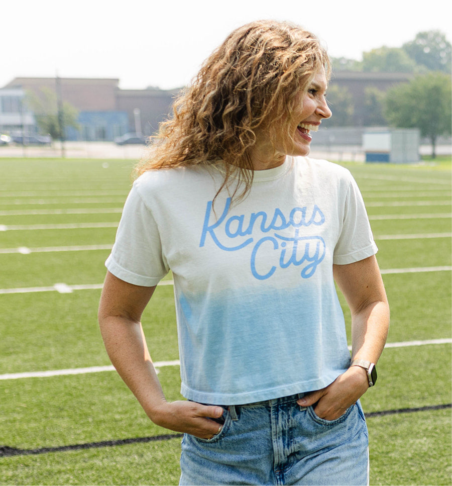 Kansas City Script Cropped T-Shirt - Ivory & Blue Dip Dye