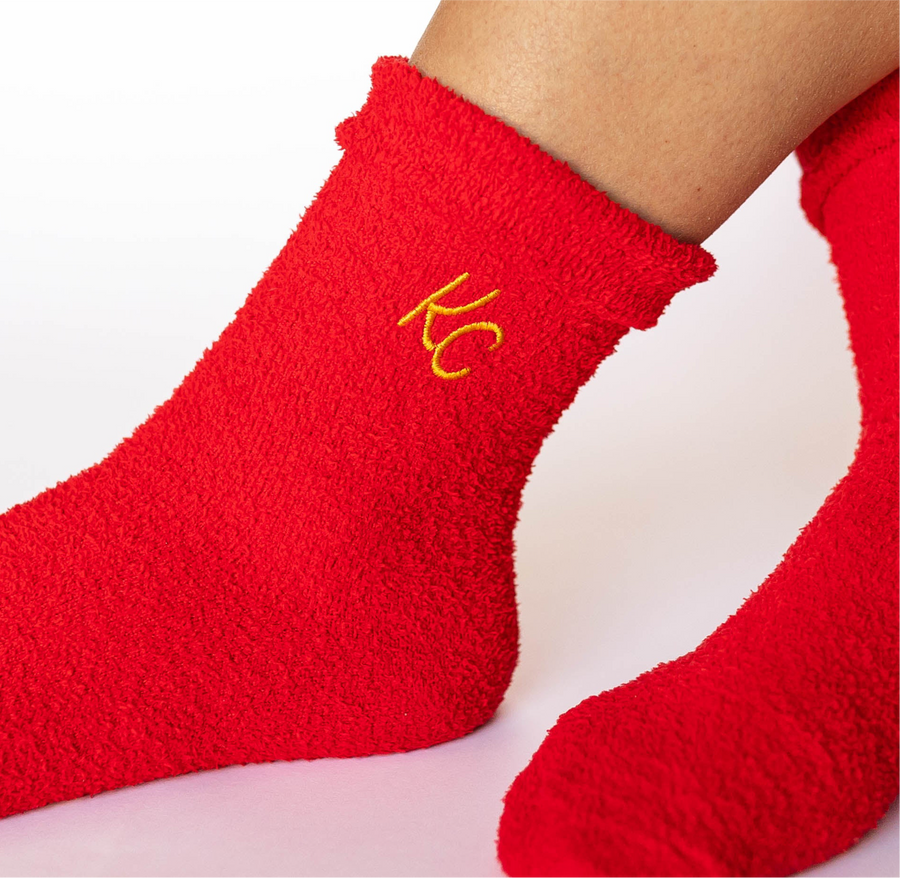 Cozy KC Socks - Fuzzy Red with Gold KC