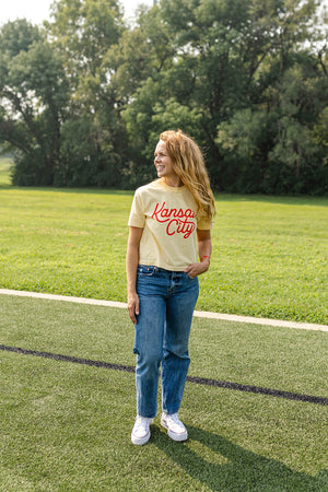 Kansas City Script Cropped T-Shirt - Yellow & Red