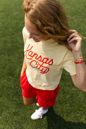 Kansas City Script Cropped T-Shirt - Yellow & Red