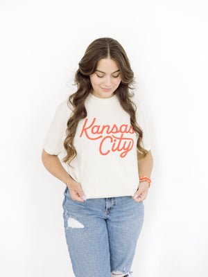 Kansas City Script Cropped T-Shirt - Ivory & Red