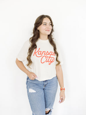 Kansas City Script Cropped T-Shirt - Ivory & Red
