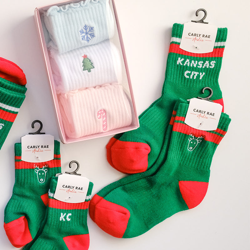 Kids Raindeer Crew Socks - Green w/ Red