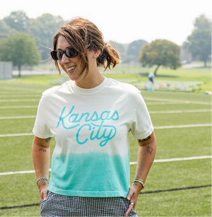 Kansas City Script Cropped T-Shirt - Ivory & Teal Dip Dye