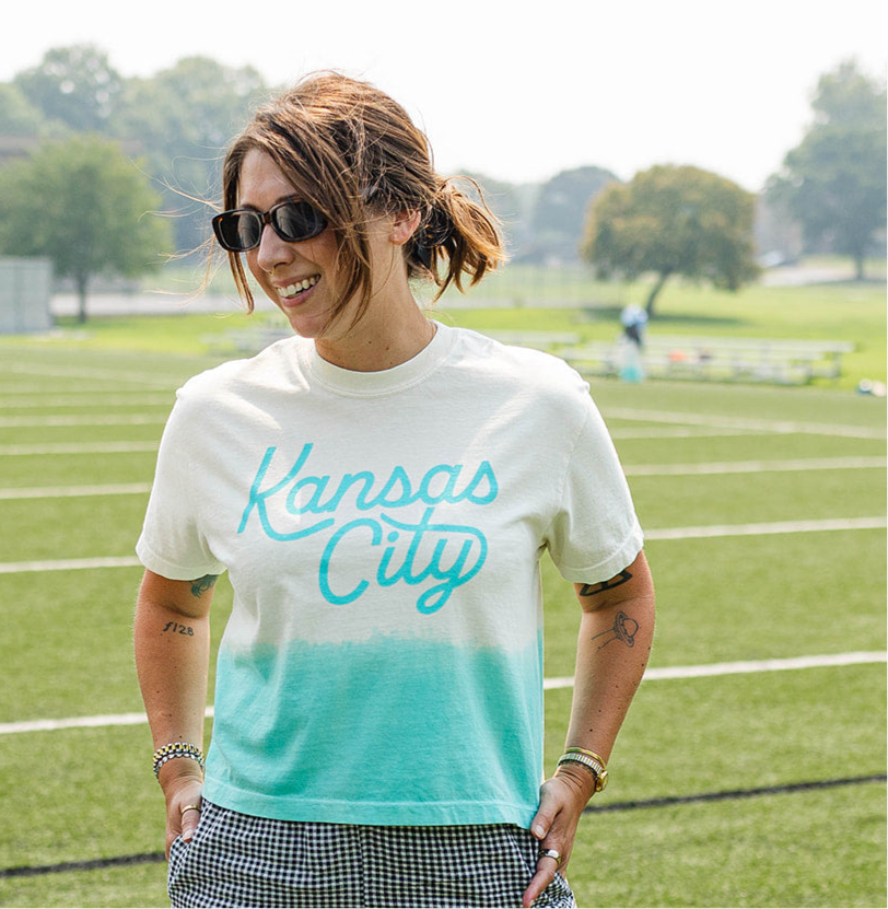 Kansas City Script Cropped T-Shirt - Ivory & Teal Dip Dye