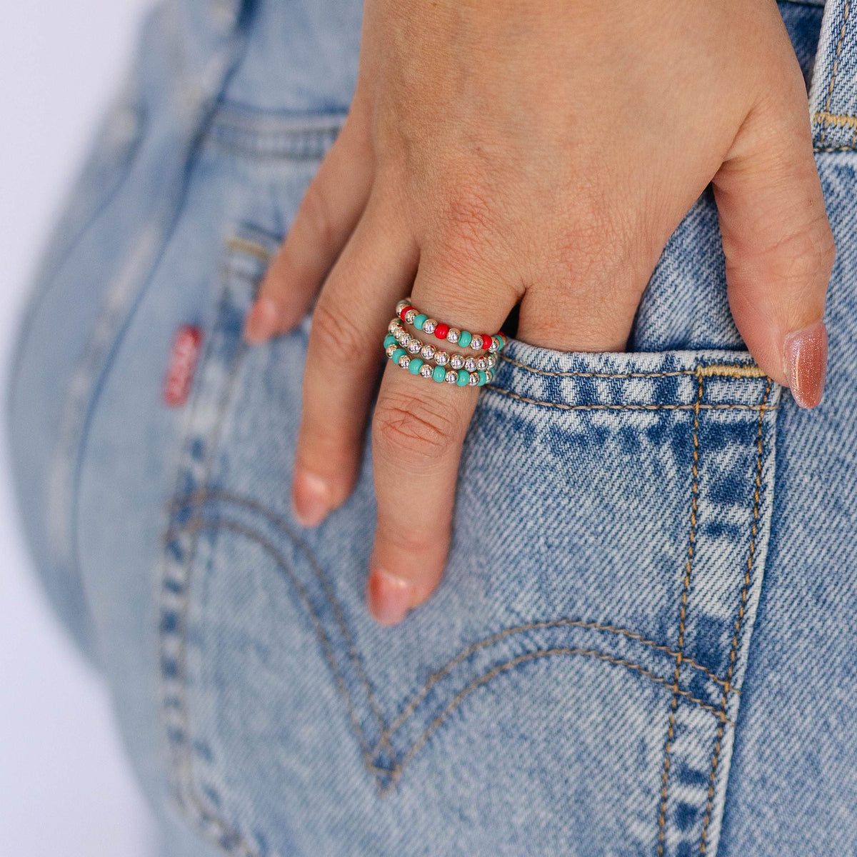 Stretch Ring Stack - Teal & Red