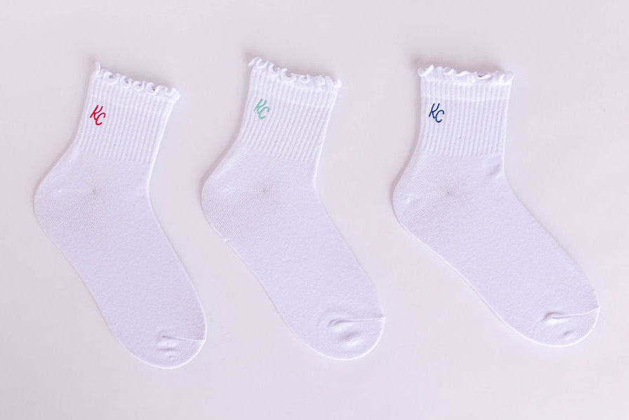 Kansas City Ruffle Socks - White with Blue KC