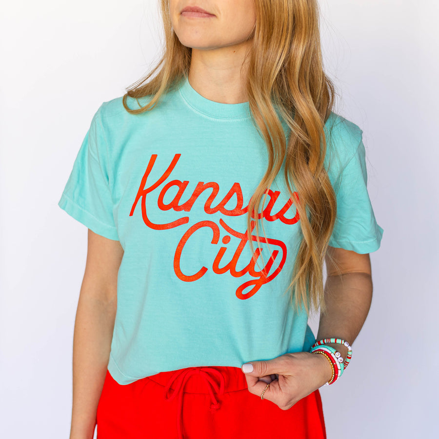 Kansas City Script T-Shirt - Teal & Red - Full Length