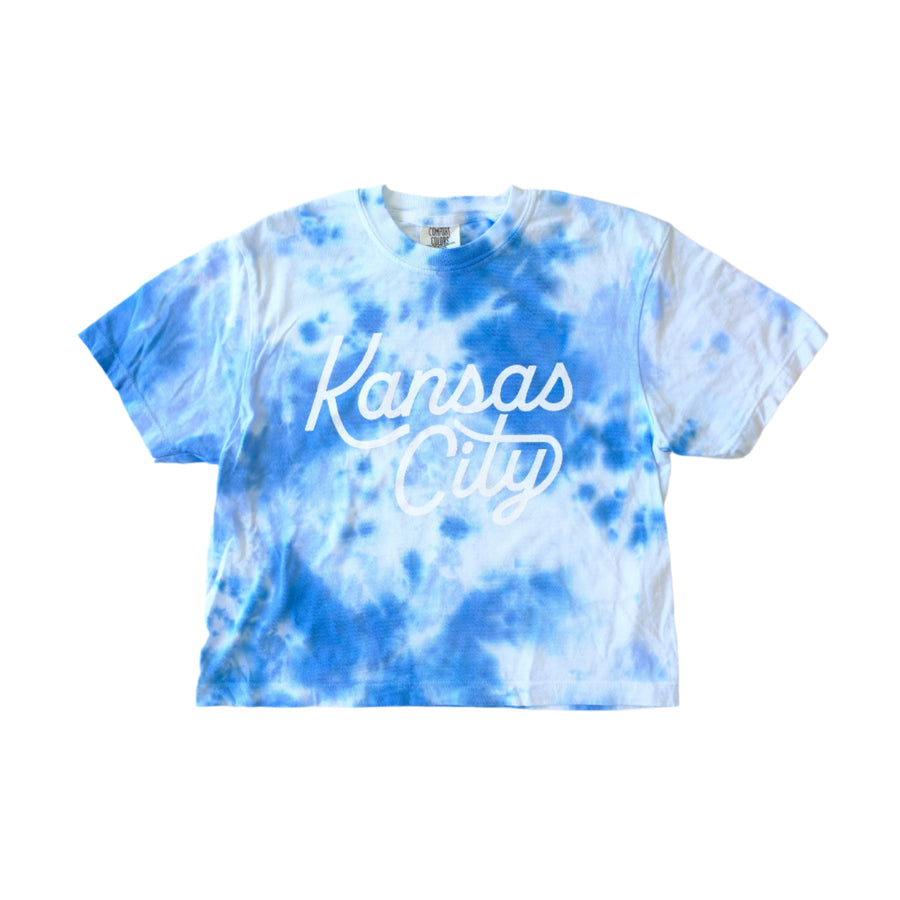 Kansas City Script Cropped T-Shirt - Blue Tie Dye