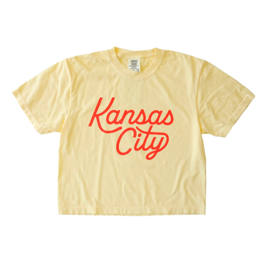 Kansas City Script Cropped T-Shirt - Yellow & Red