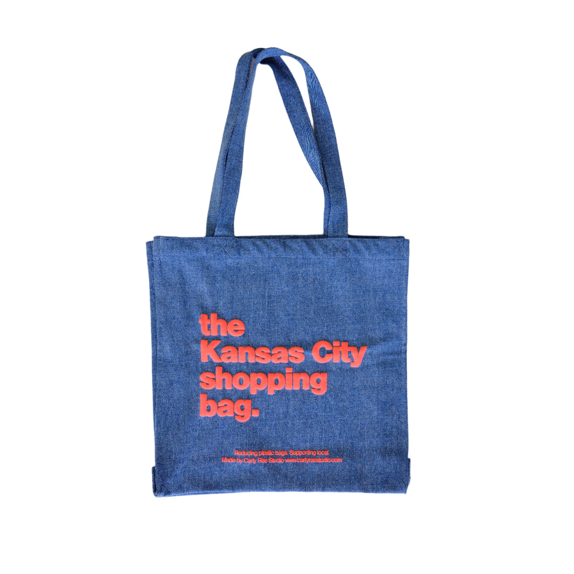 The Kansas City Shopping Bag 3 Sided Tote - Denim with Red