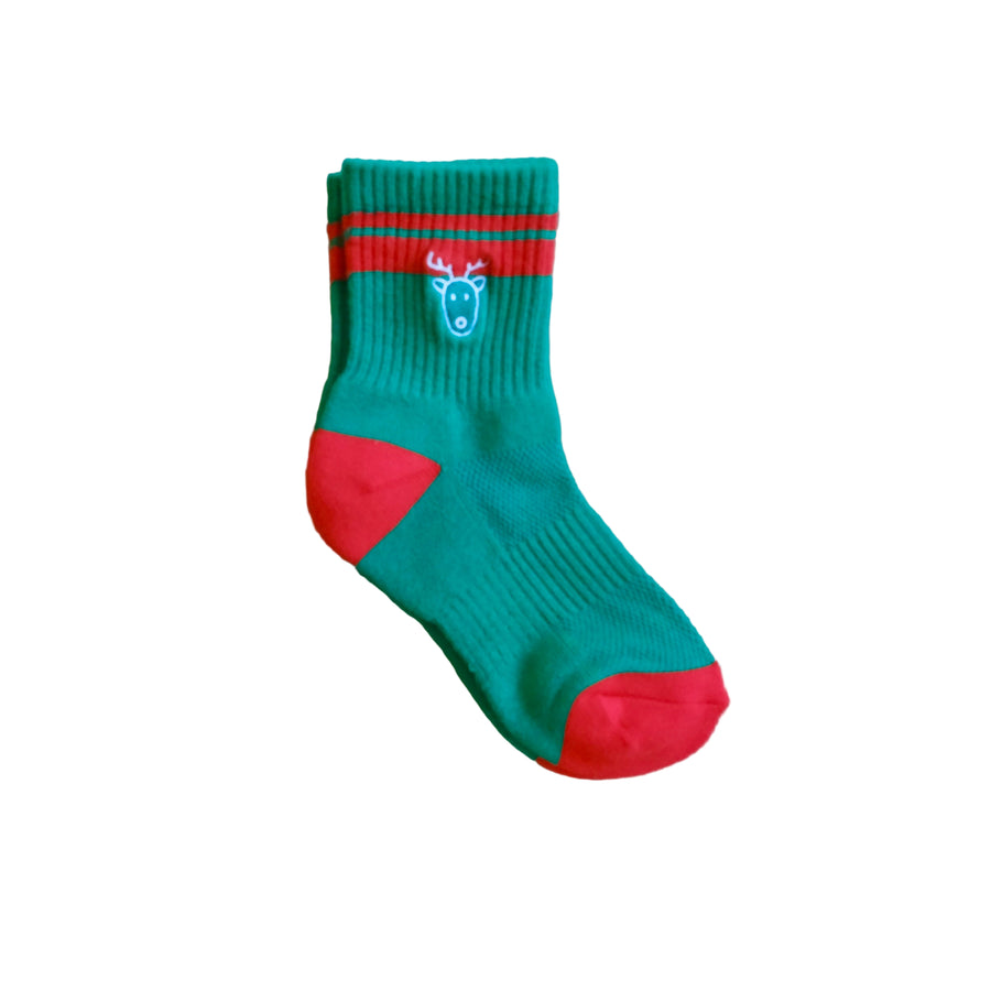 Kids Raindeer Crew Socks - Green w/ Red