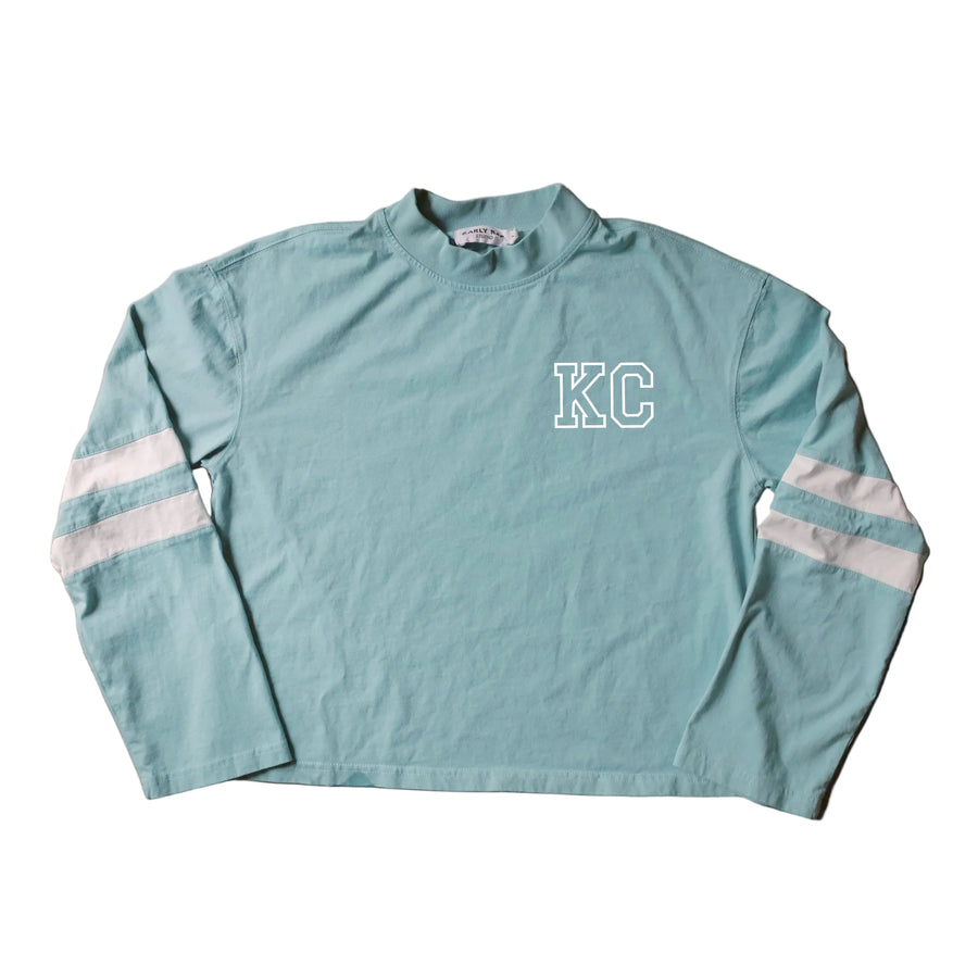 Long Sleeve Varsity Shirt - Light Teal with White