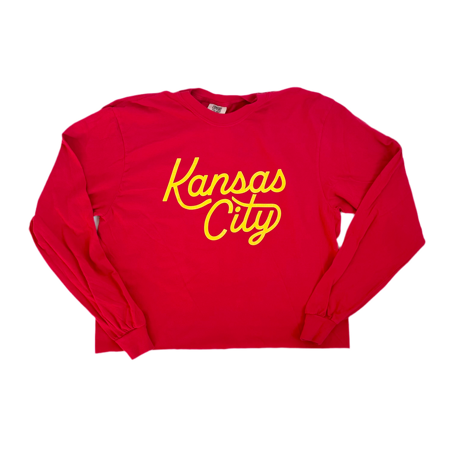 Kansas City Script Cropped Long Sleeve T-Shirt - Red & Yellow
