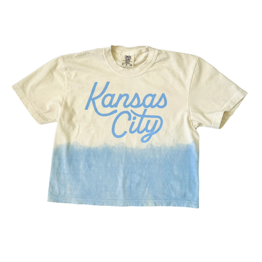 Kansas City Script Cropped T-Shirt - Ivory & Blue Dip Dye
