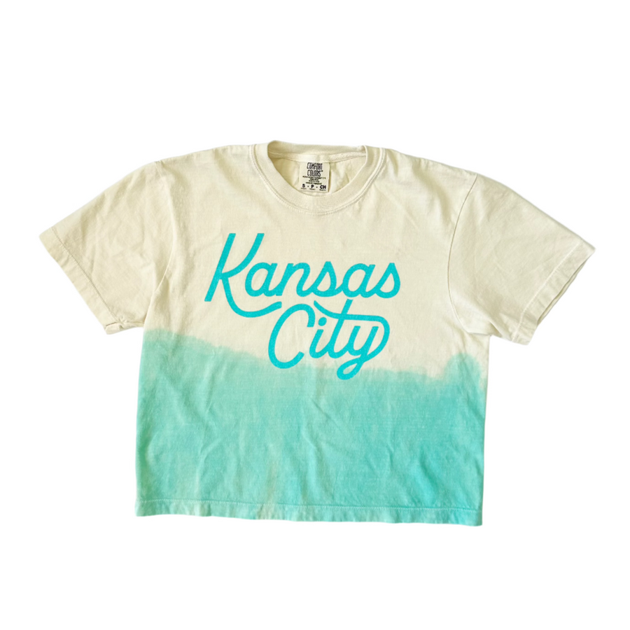 Kansas City Script Cropped T-Shirt - Ivory & Teal Dip Dye