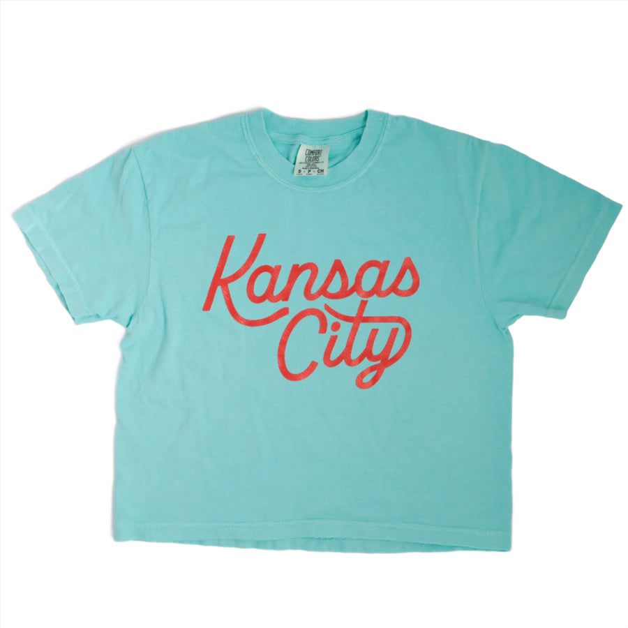 Kansas City Script Cropped T-Shirt - Teal & Red