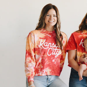 Kansas City Script Cropped Long Sleeve - Red and Yellow Tie Dye