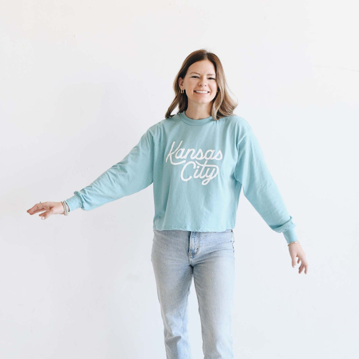 Kansas City Script Cropped Long Sleeve Tee - Aqua