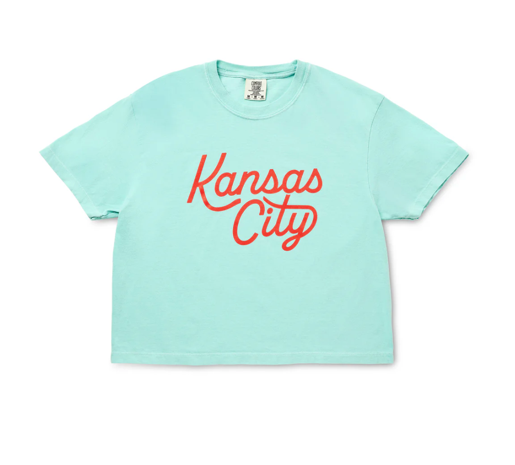 Kansas City Script Cropped T-Shirt - Teal & Red