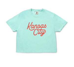 Kansas City Script Cropped T-Shirt - Teal & Red