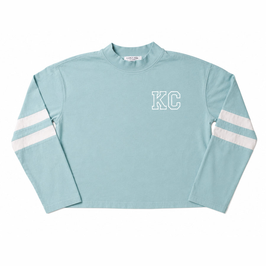Long Sleeve Varsity Shirt - Light Teal with White