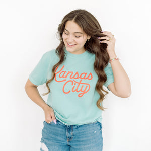 Kansas City Script Cropped T-Shirt - Teal & Red