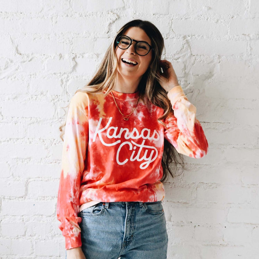 Kansas City Script Long Sleeve T-Shirt - Red and Yellow Tie Dye