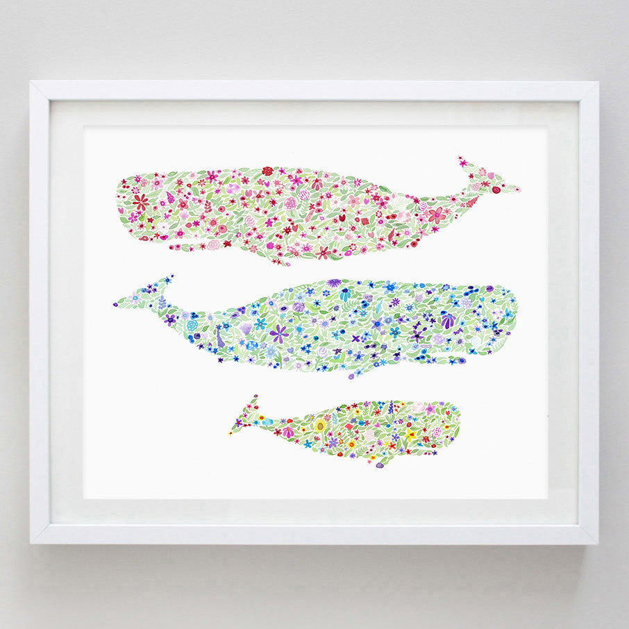 art print - whales floral watercolor print - carly rae studio