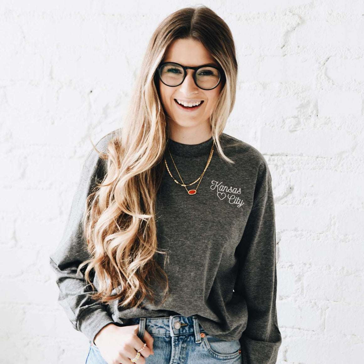 Kansas City Embroidered Long Sleeve - Grey