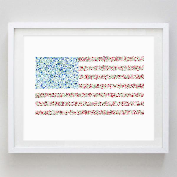 American Flag Floral Watercolor Print