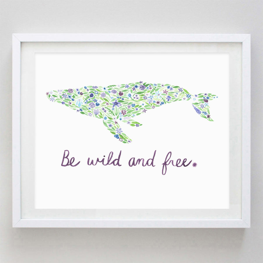 art print - be wild and free humpback whale floral watercolor print - carly rae studio