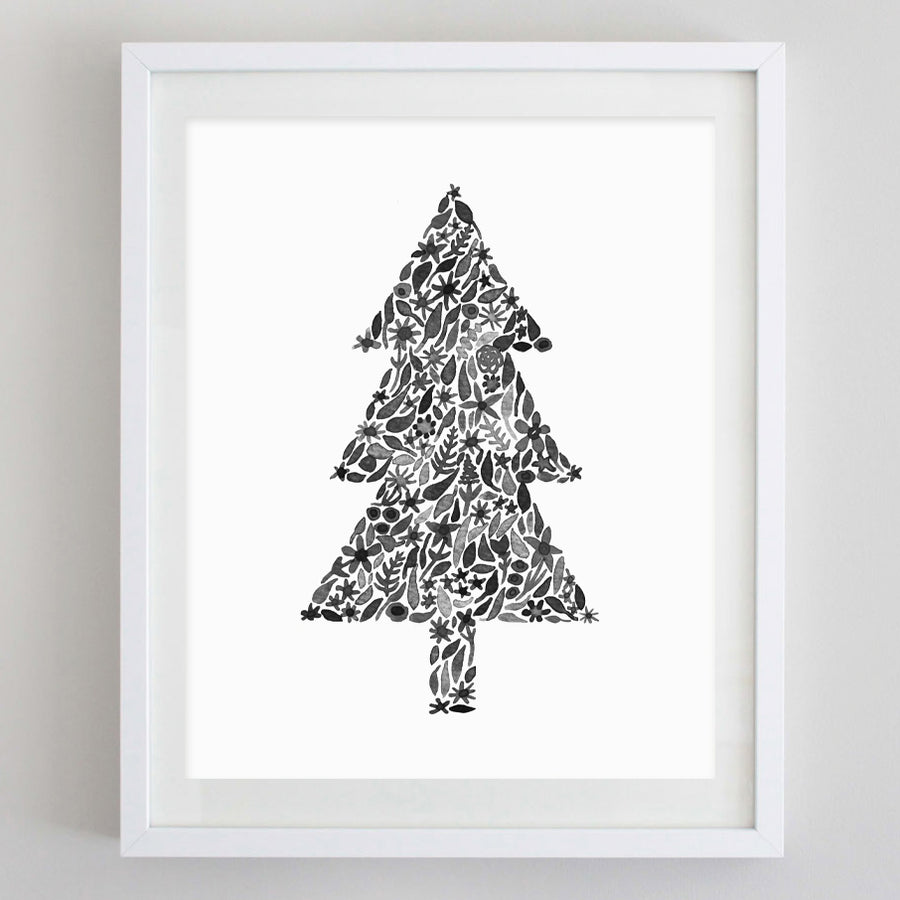 Christmas Tree Black and White Floral Watercolor Print