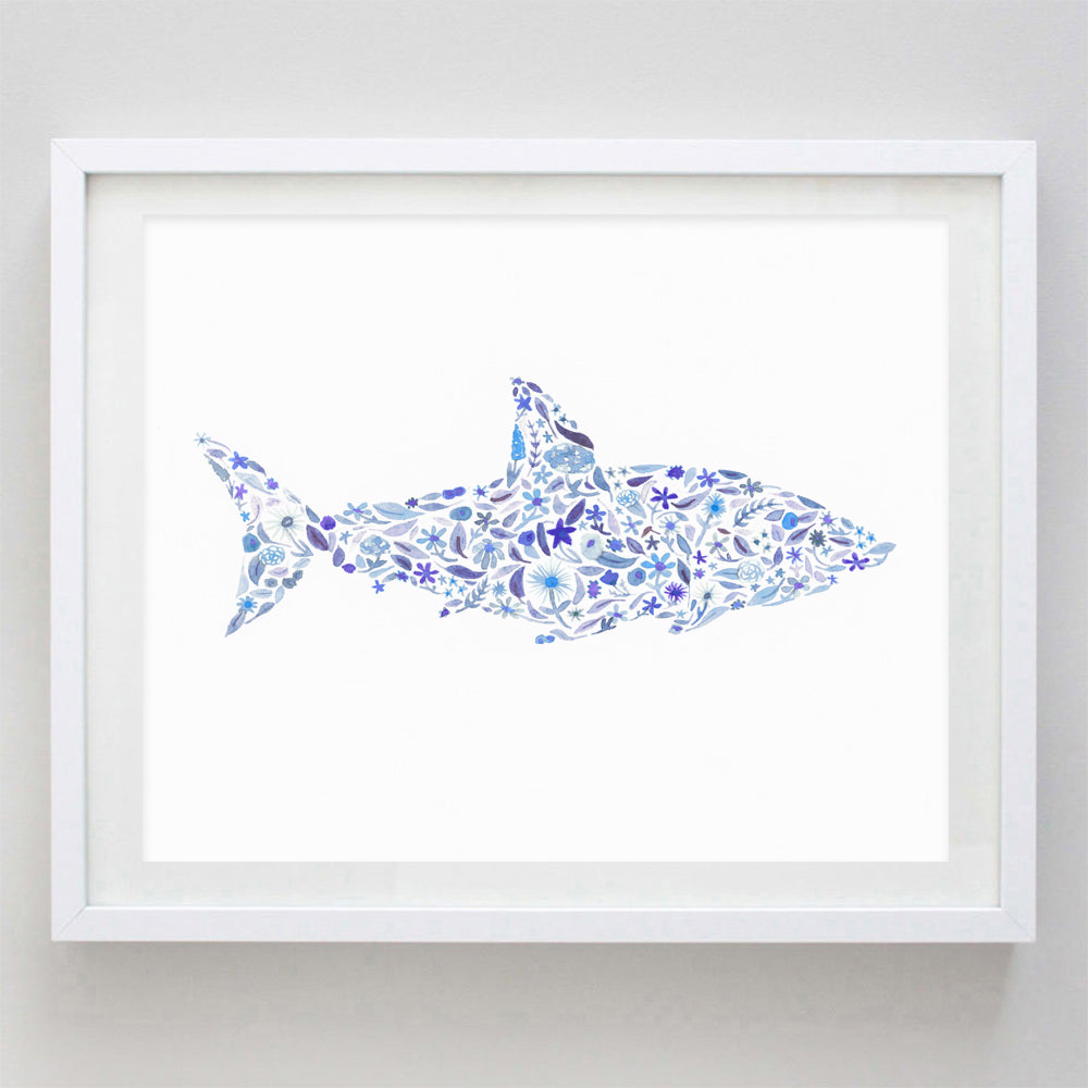 Blue Shark Floral Watercolor Print