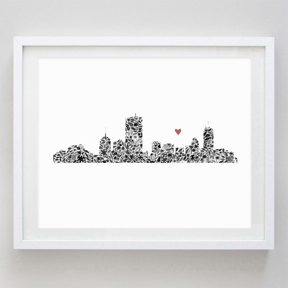 Boston Skyline Floral Watercolor Print