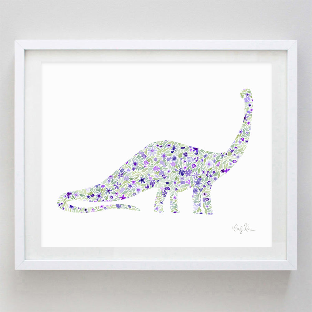 Dinosaur Triceratops Blue Floral Watercolor Print