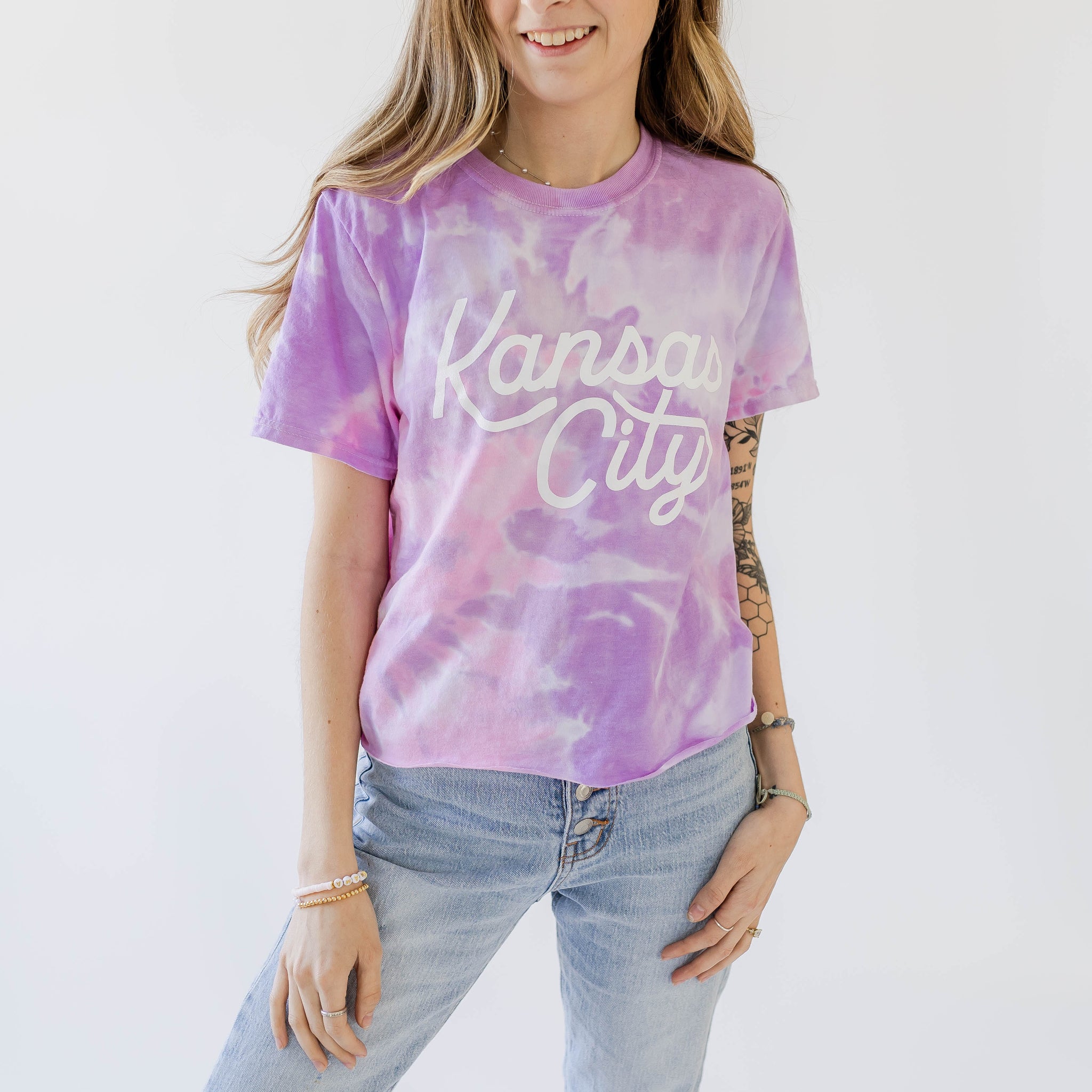 Kansas City Script Cropped T-Shirt - Pink & Purple Tie Dye - Carly