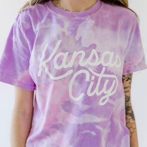Kansas City Script Cropped T-Shirt - Pink & Purple Tie Dye